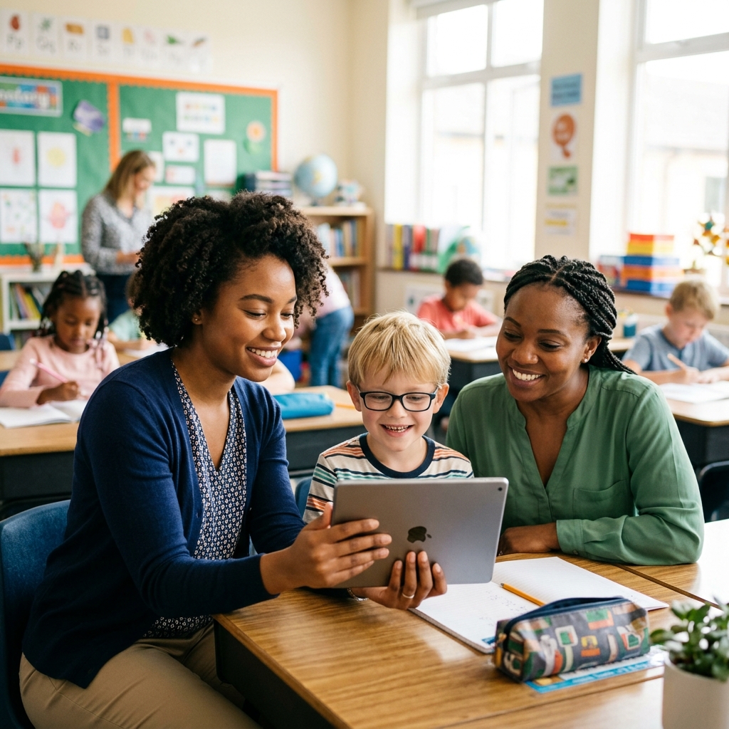 A teacher, student, and parent of diverse backgrounds (African American and white) smiling and working together happily on a generic tablet in a bright classroom
